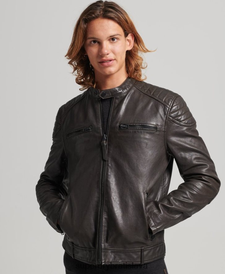 Superdry muži kožená moto pretekárska bunda 6B4ZTR1088 oblečenie tmavošedý