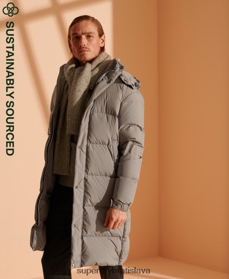 Superdry muži limitovaná edícia recyklovanej páperovej bundy longline 6B4ZTR4720 oblečenie svetlo šedá