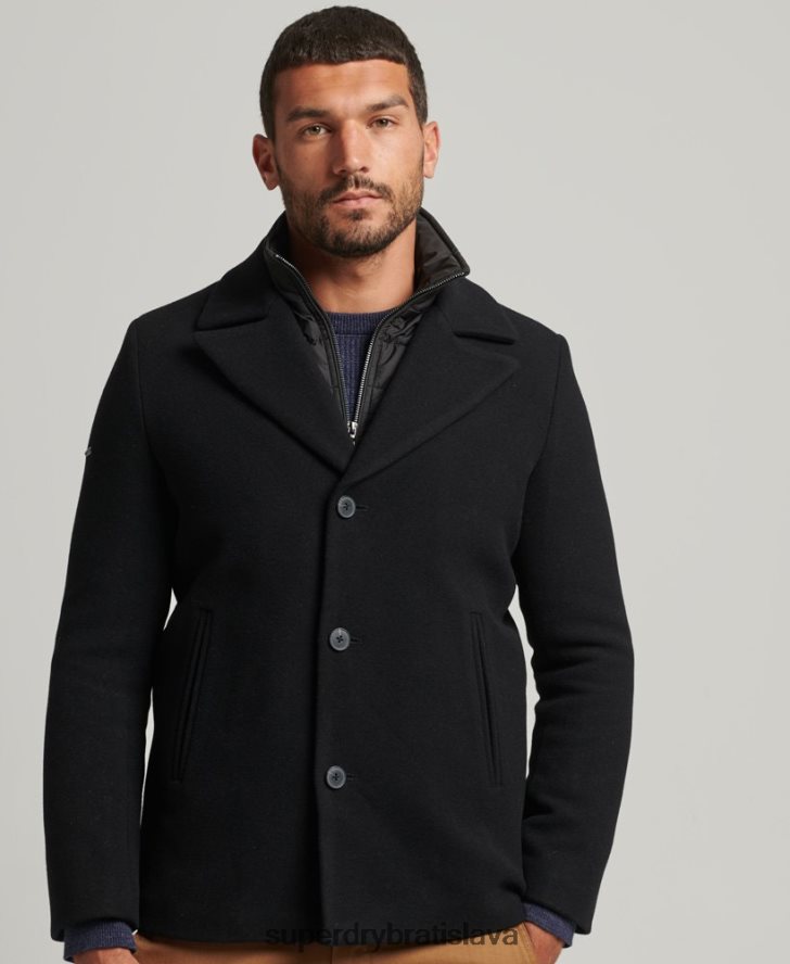 Superdry muži odnímateľná podšívka krátky vlnený kabát 6B4ZTR1131 oblečenie čierna
