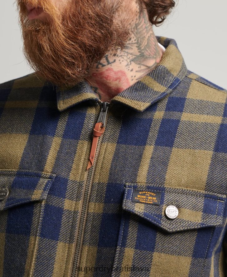 Superdry muži Vlnená károvaná košeľa na zips 6B4ZTR186 oblečenie zelená