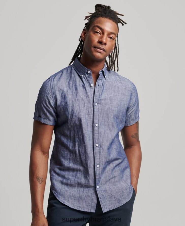 Superdry muži ľanová košeľa s krátkym rukávom z organickej bavlny 6B4ZTR198 oblečenie tmavomodrá