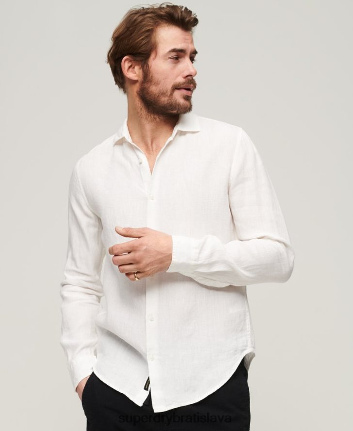 Superdry muži ležérna ľanová košeľa s dlhým rukávom 6B4ZTR144 oblečenie biely