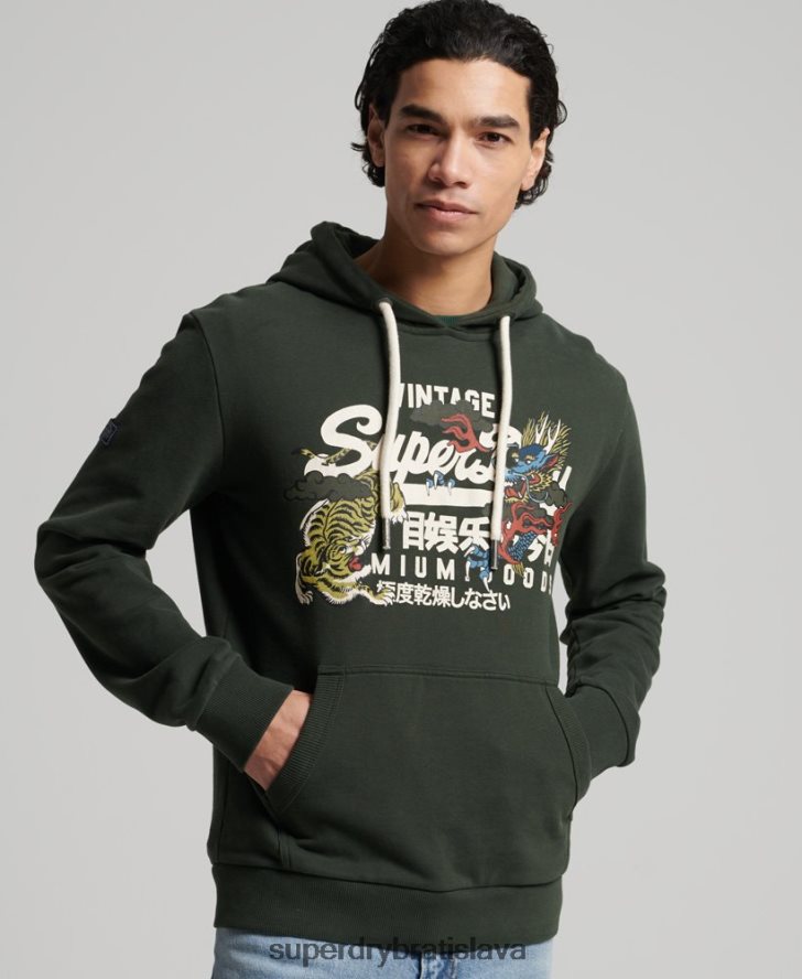 Superdry muži vintage logo nečesaná výpravná mikina s kapucňou 6B4ZTR884 oblečenie zelená