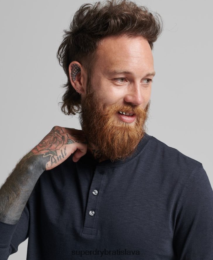 Superdry muži henley top z džerseja s dlhým rukávom 6B4ZTR1513 oblečenie námorníctvo