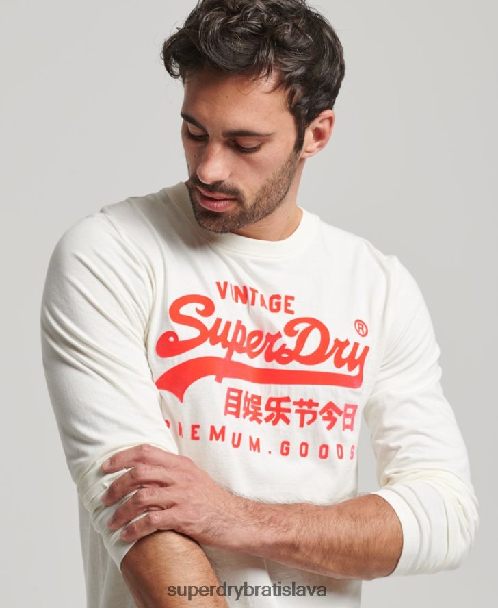 Superdry muži neónový top s vintage logom a dlhým rukávom 6B4ZTR1495 oblečenie krém