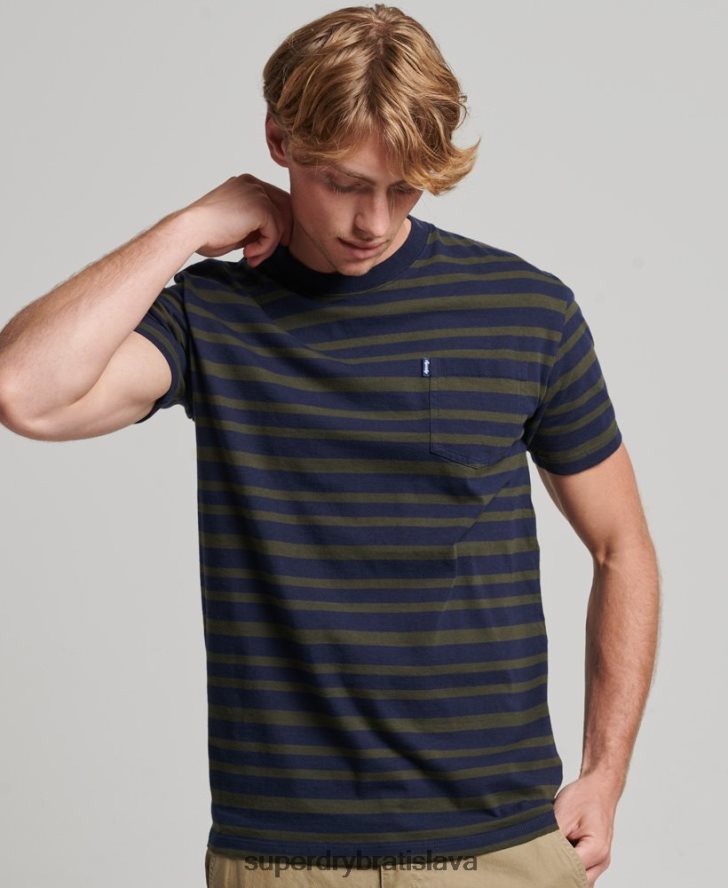 Superdry muži prúžkované tričko s logom s esenciálnym logom z organickej bavlny 6B4ZTR4906 oblečenie námorníctvo