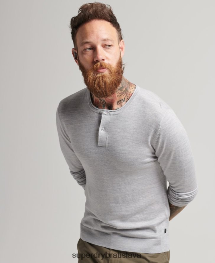 Superdry muži merino crew výstrih henley pletený top 6B4ZTR1521 oblečenie svetlo šedá