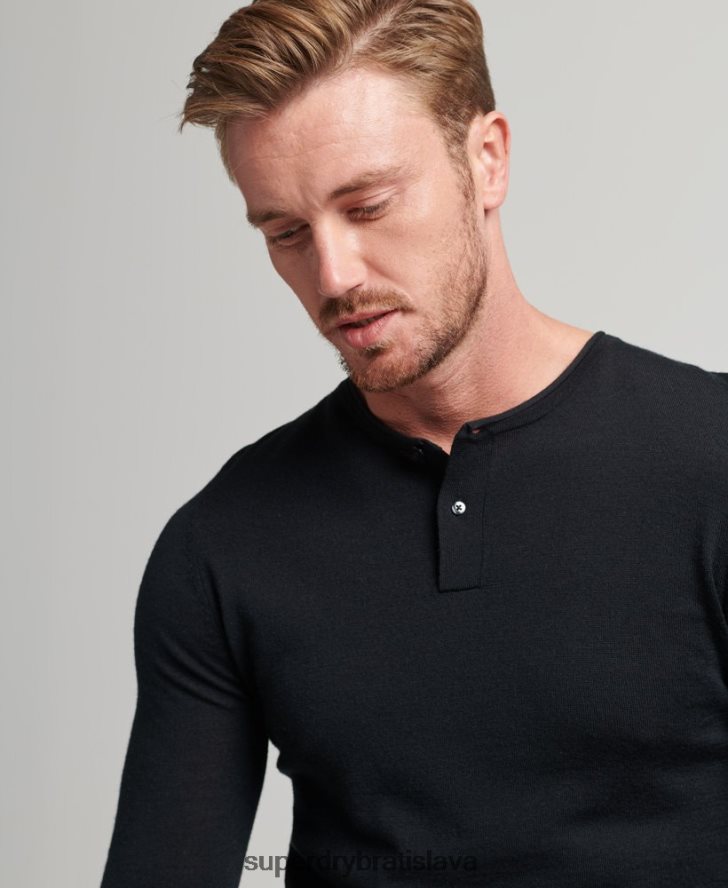 Superdry muži merino crew výstrih henley pletený top 6B4ZTR1534 oblečenie čierna