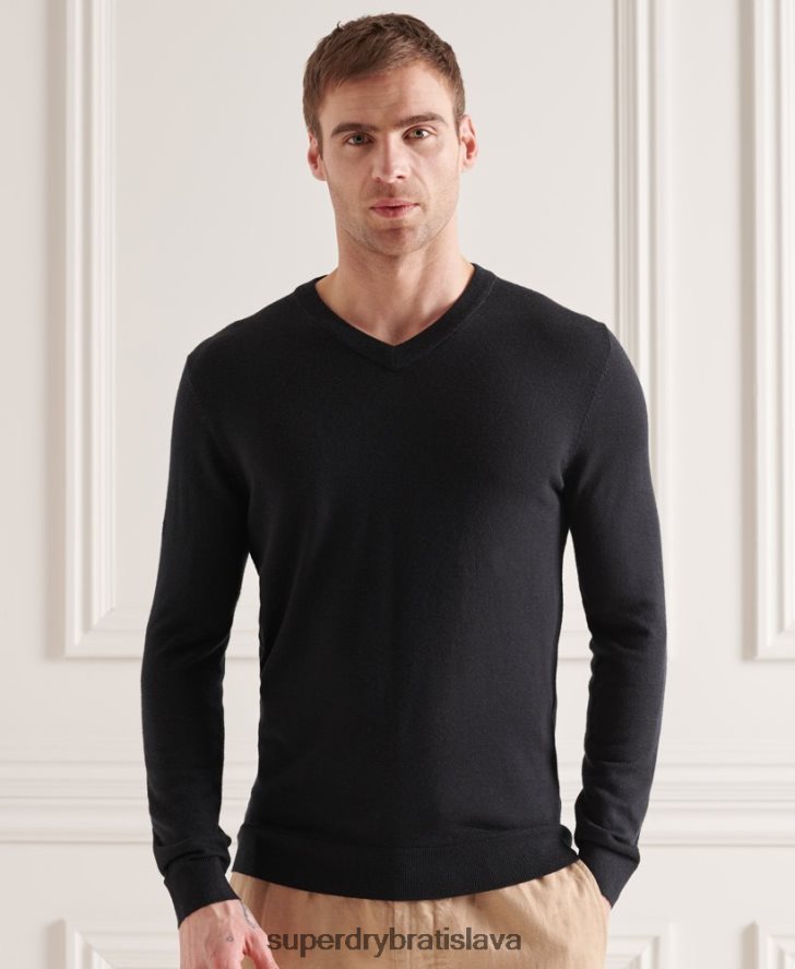 Superdry muži merino sveter s výstrihom do V 6B4ZTR1330 oblečenie čierna