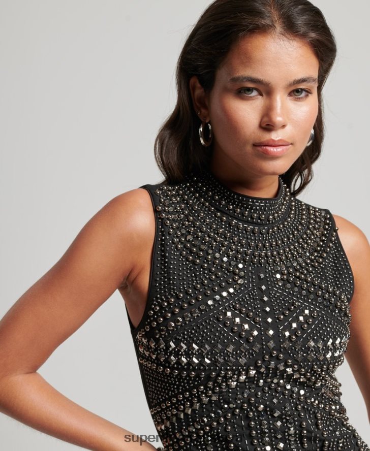 Superdry ženy bodycon šaty zdobené cvočkami 6B4ZTR2533 oblečenie čierna