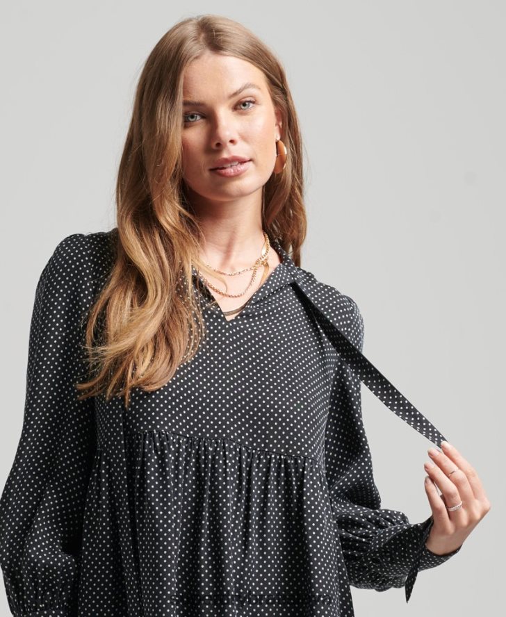 Superdry ženy cupro peplum šaty 6B4ZTR2444 oblečenie čierna