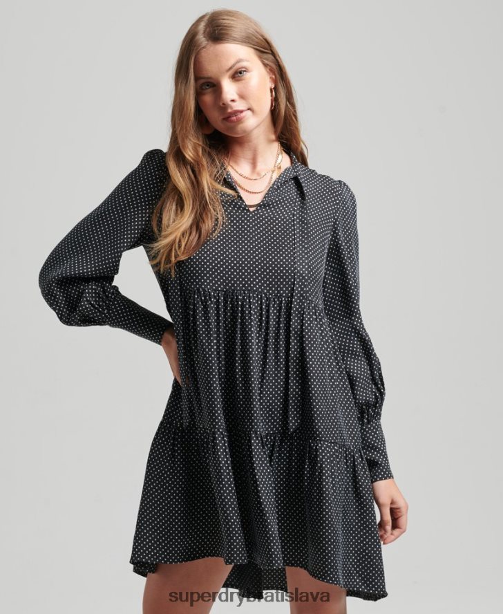 Superdry ženy cupro peplum šaty 6B4ZTR2444 oblečenie čierna