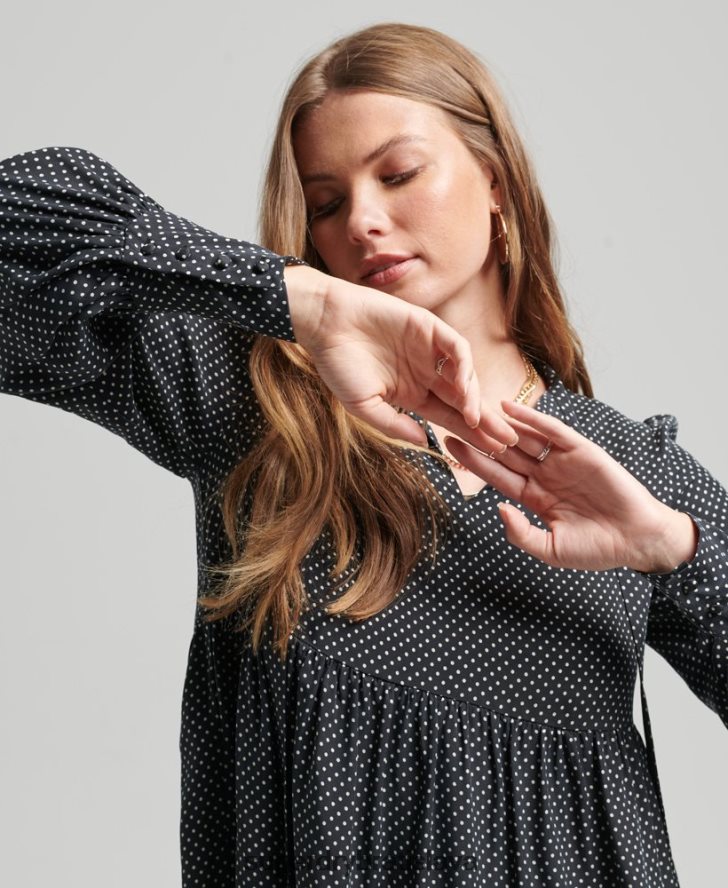 Superdry ženy cupro peplum šaty 6B4ZTR2444 oblečenie čierna