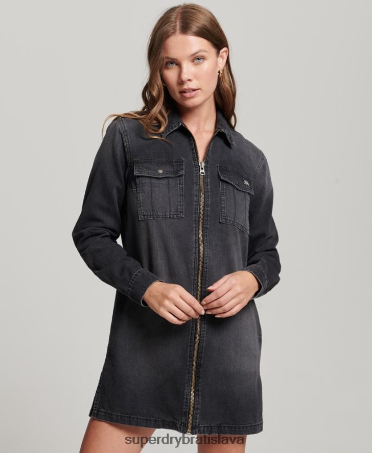 Superdry ženy džínsové košeľové šaty 6B4ZTR2506 oblečenie tmavošedý