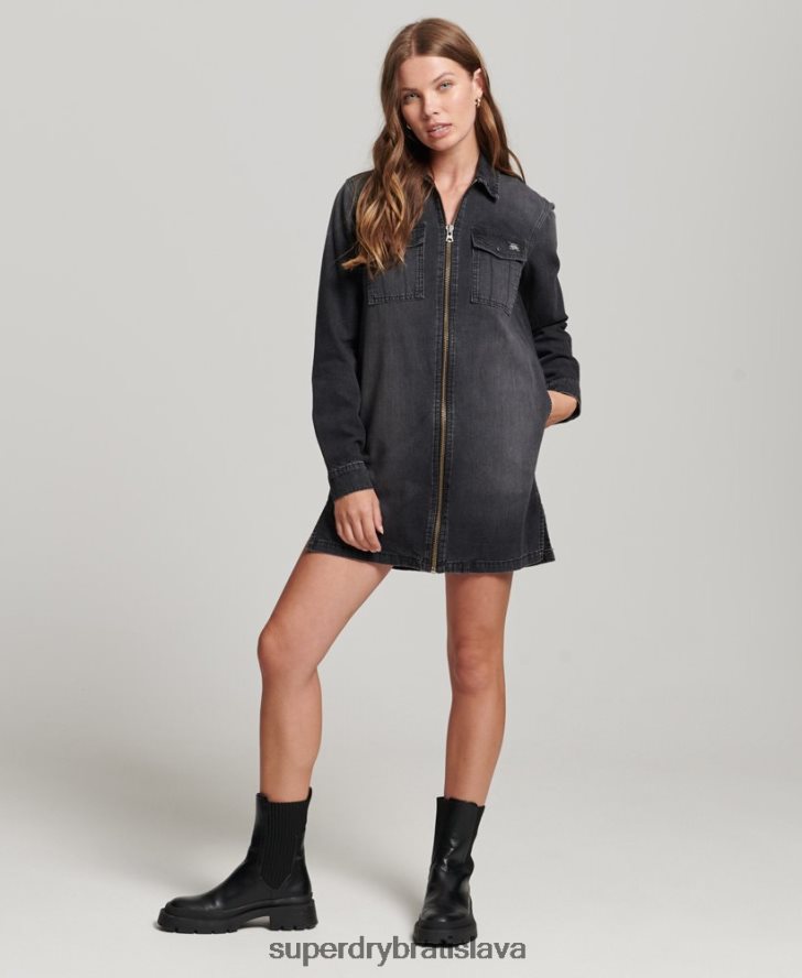 Superdry ženy džínsové košeľové šaty 6B4ZTR2506 oblečenie tmavošedý