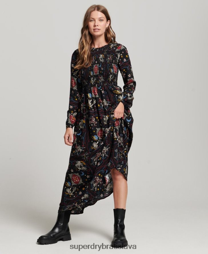 Superdry ženy dlhé potiahnuté šaty 6B4ZTR6718 oblečenie čierna