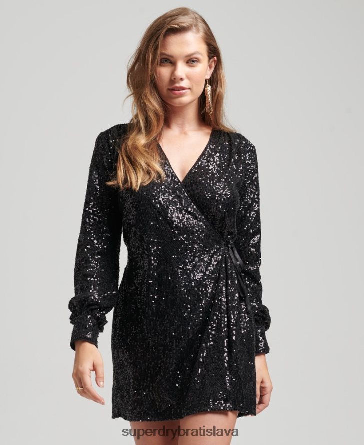 Superdry ženy flitrové zavinovacie mini šaty s rukávmi 6B4ZTR2446 oblečenie čierna