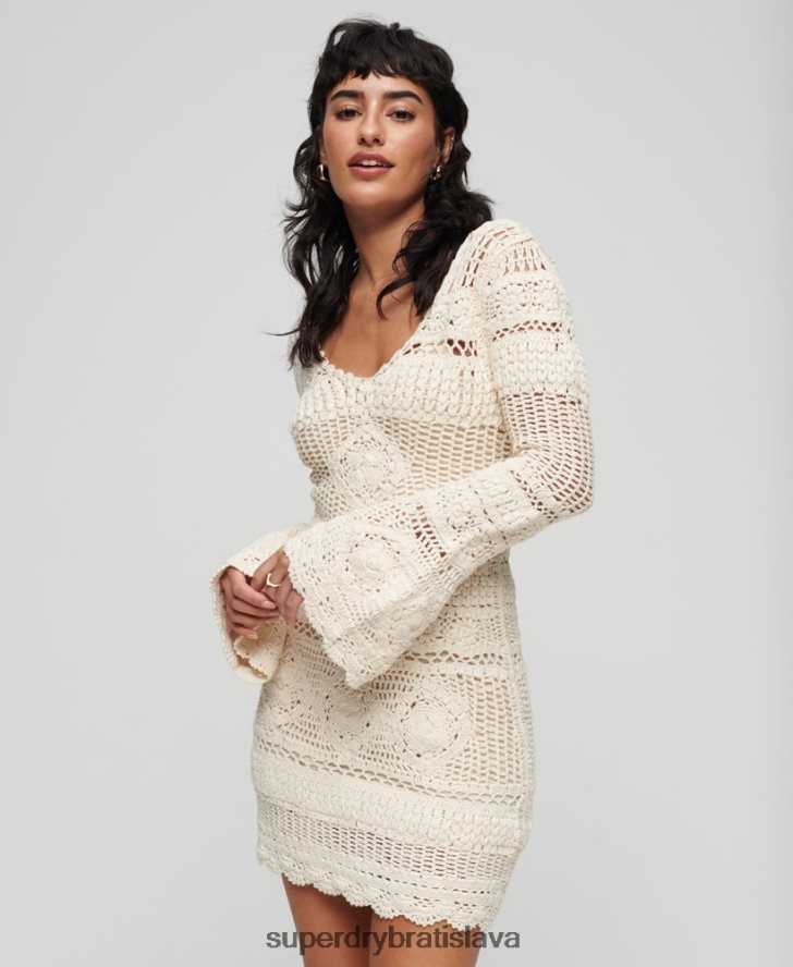 Superdry ženy háčkované minišaty s rozšíreným rukávom 6B4ZTR1957 oblečenie krém