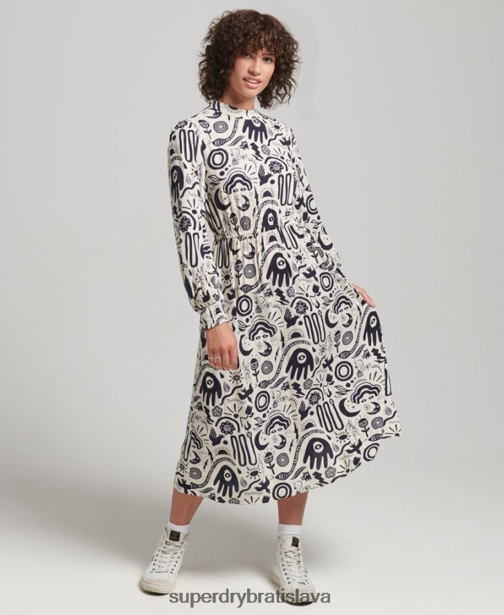 Superdry ženy midi šaty s dlhým rukávom s potlačou 6B4ZTR6707 oblečenie krém