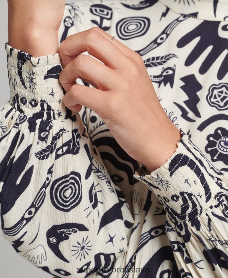 Superdry ženy midi šaty s dlhým rukávom s potlačou 6B4ZTR6707 oblečenie krém