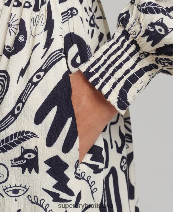 Superdry ženy midi šaty s dlhým rukávom s potlačou 6B4ZTR6707 oblečenie krém