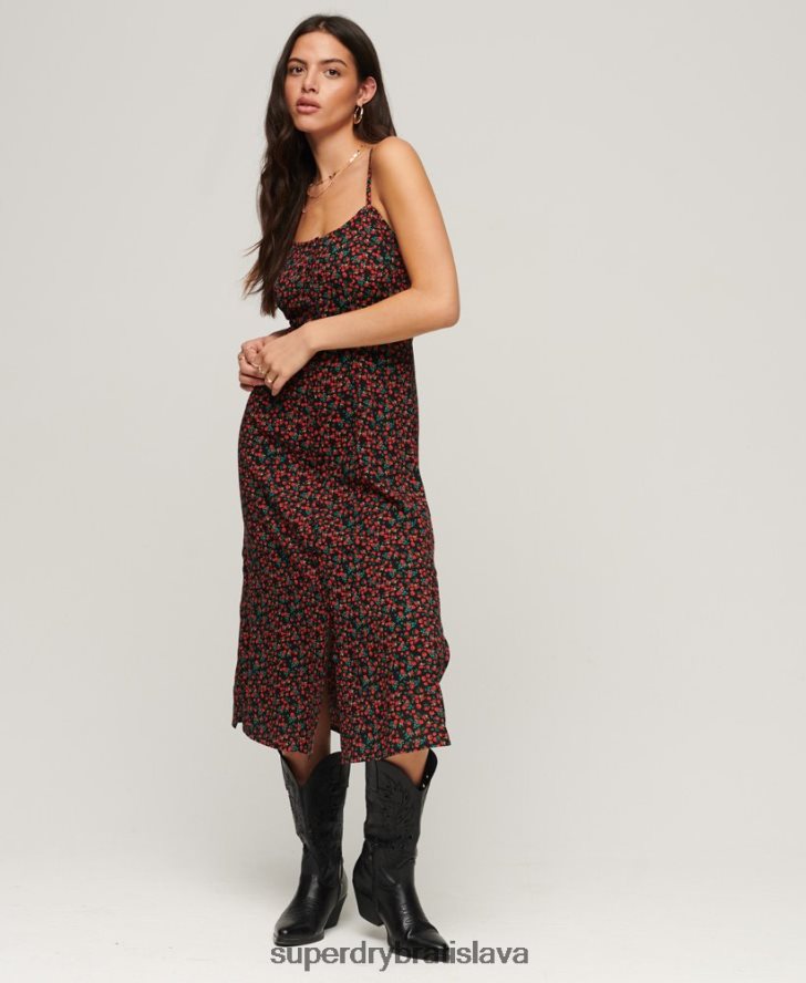 Superdry ženy midi šaty s potlačou na gombíky 6B4ZTR1987 oblečenie čierna