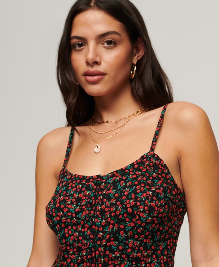 Superdry ženy midi šaty s potlačou na gombíky 6B4ZTR1987 oblečenie čierna