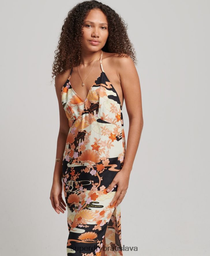 Superdry ženy midi slipové šaty s potlačou 6B4ZTR2369 oblečenie zlato