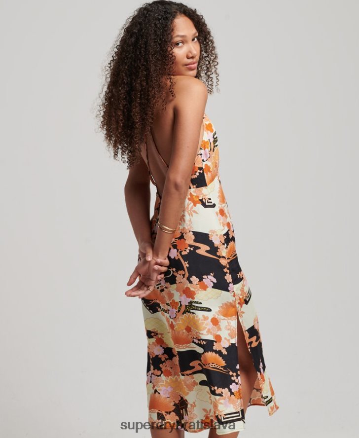 Superdry ženy midi slipové šaty s potlačou 6B4ZTR2369 oblečenie zlato