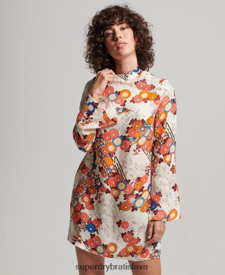 Superdry ženy minišaty s dlhým rukávom s potlačou 6B4ZTR2426 oblečenie krém