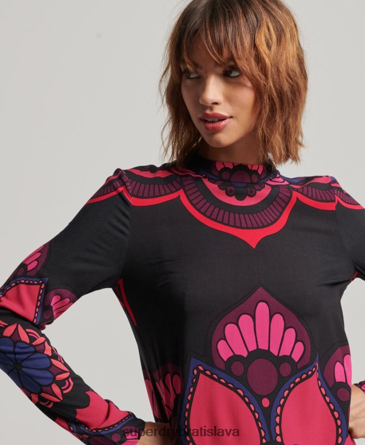 Superdry ženy minišaty s dlhým rukávom s potlačou 6B4ZTR2480 oblečenie čierna