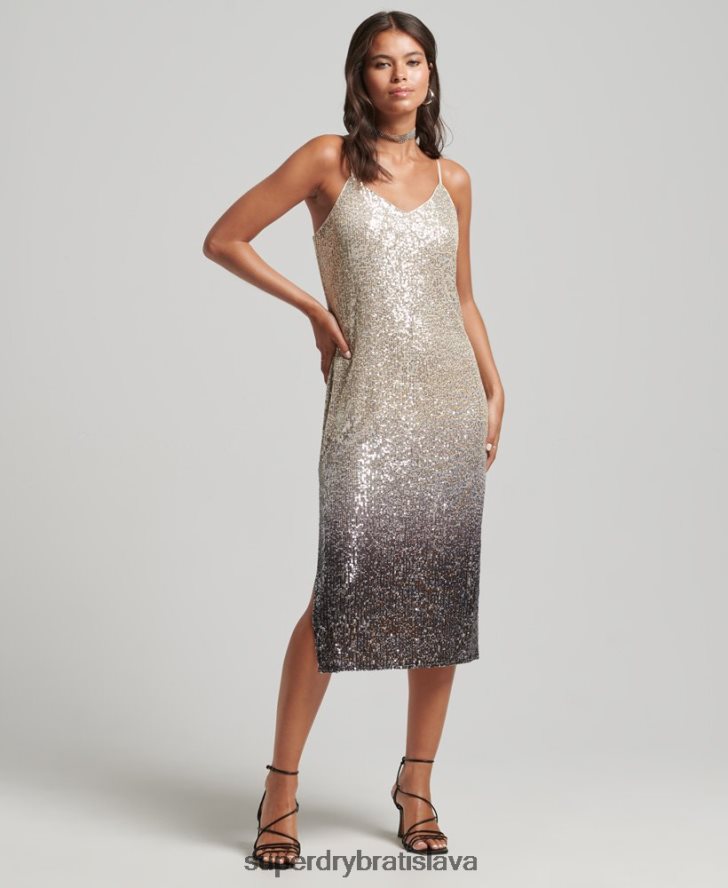 Superdry ženy ombre flitrové slip midi šaty 6B4ZTR2428 oblečenie striebro