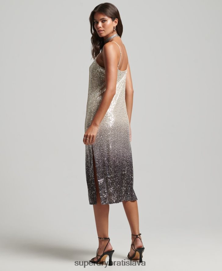 Superdry ženy ombre flitrové slip midi šaty 6B4ZTR2428 oblečenie striebro