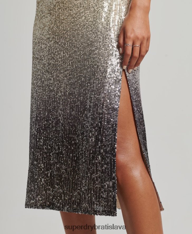 Superdry ženy ombre flitrové slip midi šaty 6B4ZTR2428 oblečenie striebro