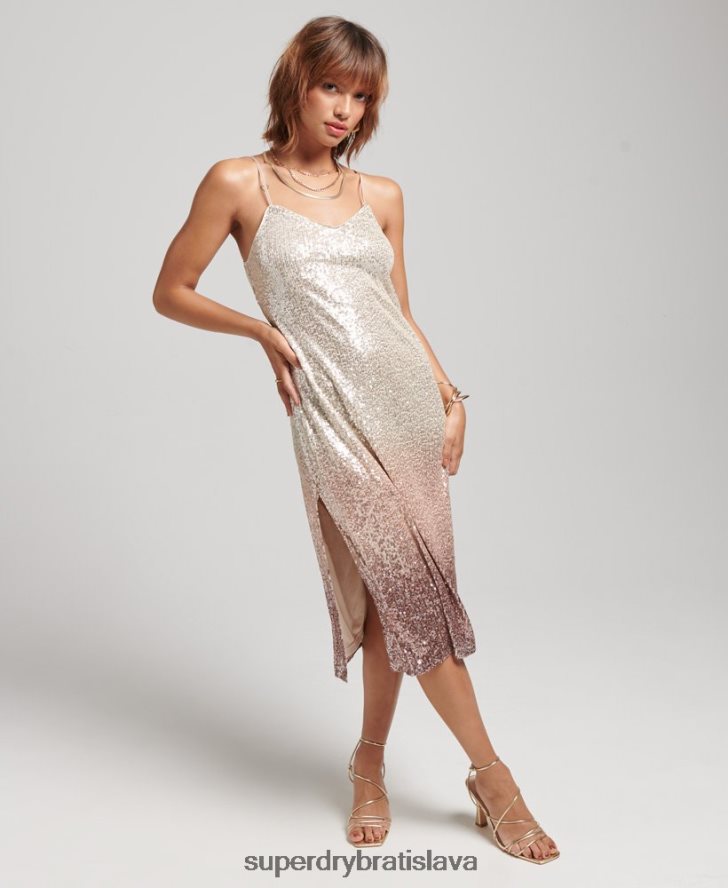 Superdry ženy ombre flitrové slip midi šaty 6B4ZTR2448 oblečenie krém