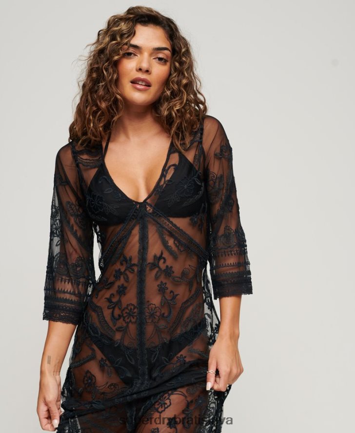 Superdry ženy plážové zakrývacie čipkované maxi šaty 6B4ZTR2272 oblečenie čierna