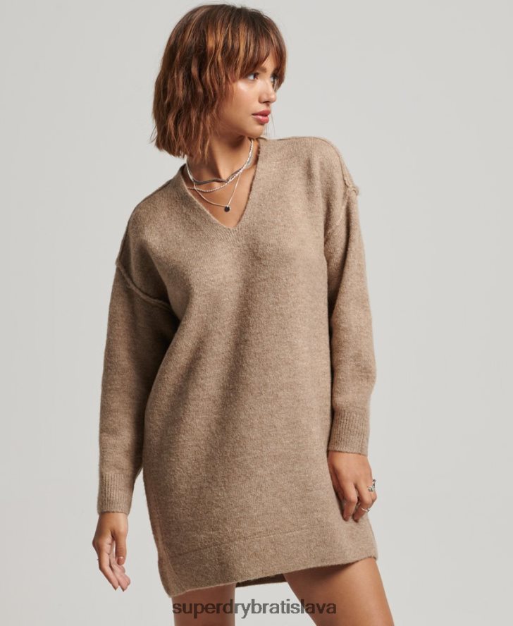 Superdry ženy pletené svetrové šaty s výstrihom do V 6B4ZTR2421 oblečenie béžová