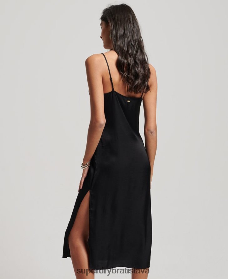 Superdry ženy saténové cami midi šaty 6B4ZTR2165 oblečenie čierna