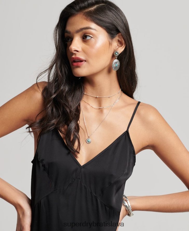 Superdry ženy saténové cami midi šaty 6B4ZTR2165 oblečenie čierna