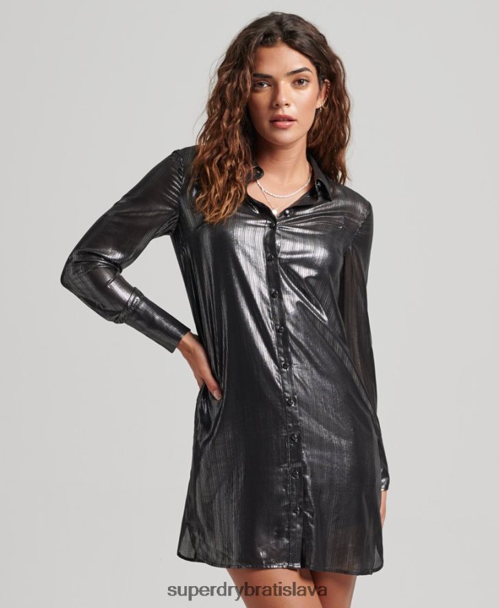 Superdry ženy trblietavé košeľové šaty 6B4ZTR2551 oblečenie čierna