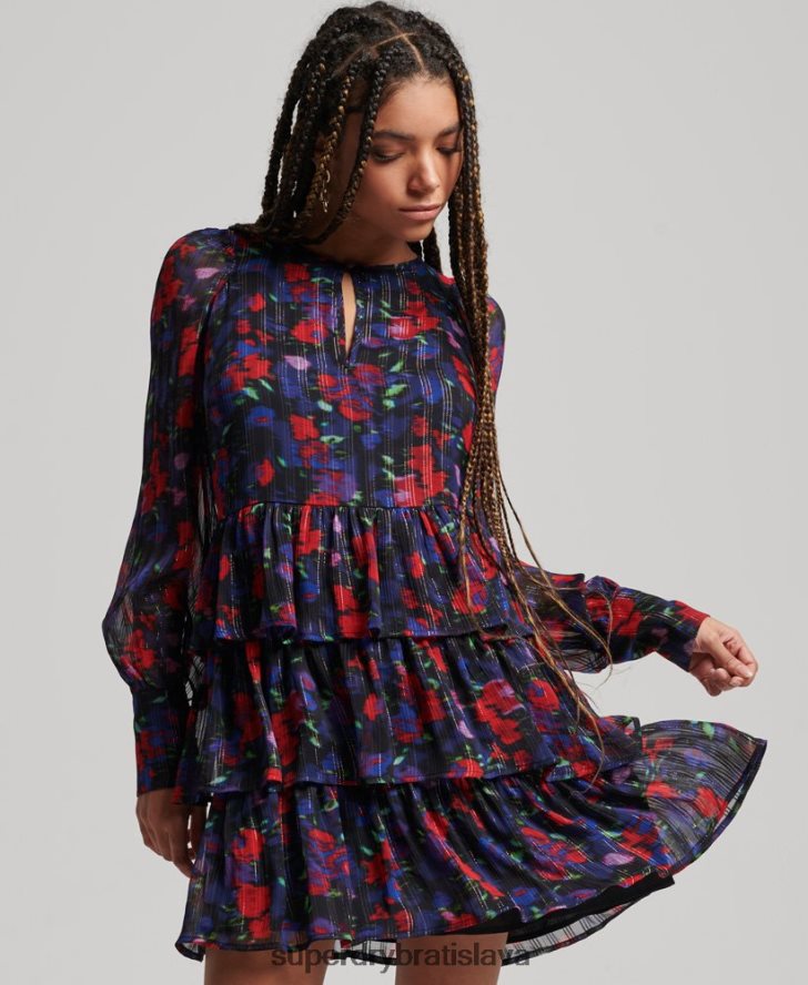 Superdry ženy volánikové šaty studios s dlhým rukávom 6B4ZTR2520 oblečenie námorníctvo