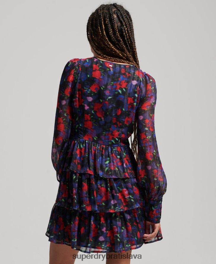 Superdry ženy volánikové šaty studios s dlhým rukávom 6B4ZTR2520 oblečenie námorníctvo