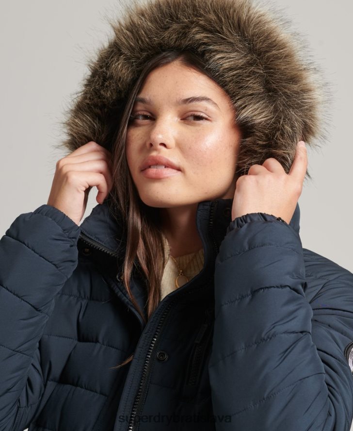 Superdry ženy Bunda s kapucňou z umelej kožušiny strednej dĺžky 6B4ZTR3605 oblečenie námorníctvo