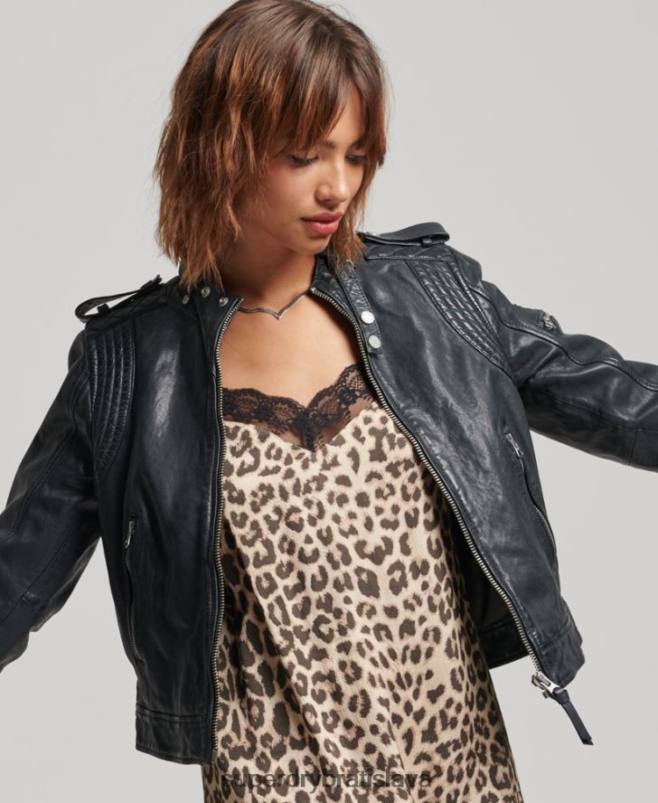 Superdry ženy Vintage kožená moto pretekárska bunda 6B4ZTR2042 oblečenie tmavošedý
