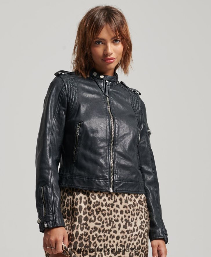 Superdry ženy Vintage kožená moto pretekárska bunda 6B4ZTR2042 oblečenie tmavošedý