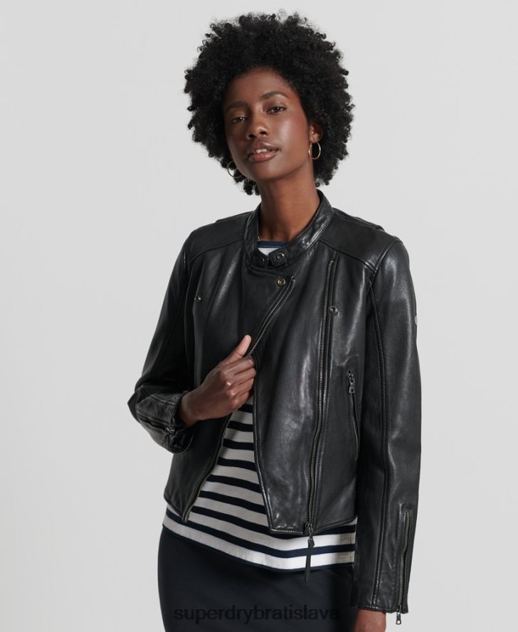 Superdry ženy klasická kožená pretekárska bunda 6B4ZTR3717 oblečenie čierna