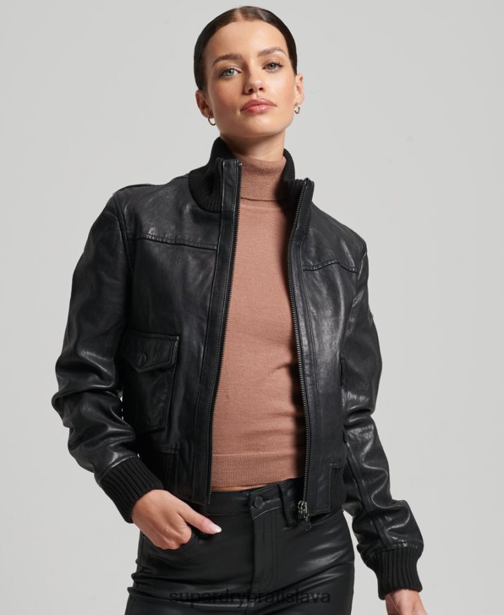 Superdry ženy kožená bomber s pleteným golierom 6B4ZTR3718 oblečenie čierna