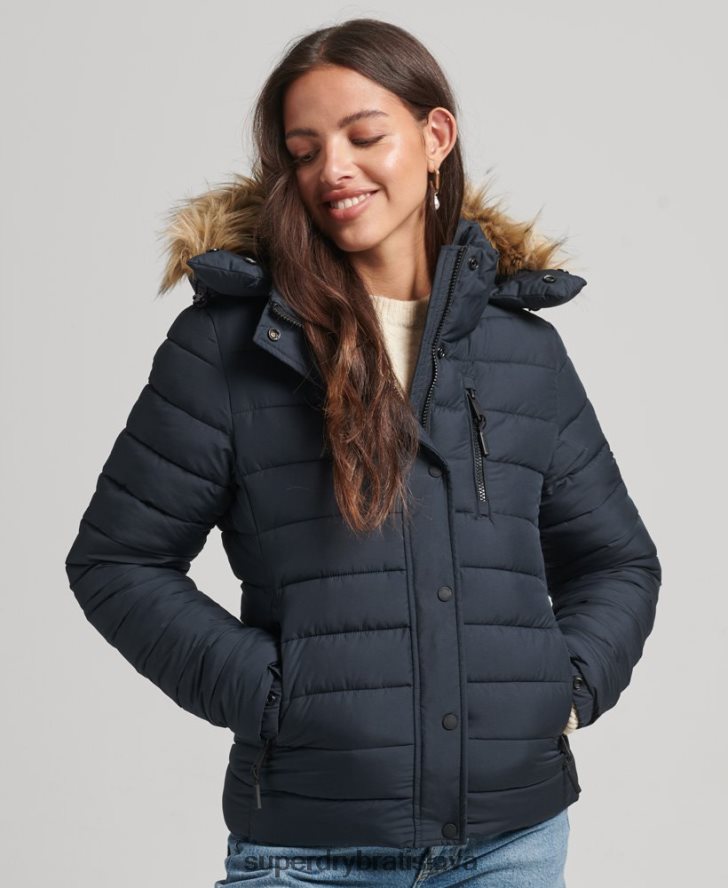 Superdry ženy krátka puffer bunda s kapucňou z umelej kožušiny 6B4ZTR3640 oblečenie námorníctvo