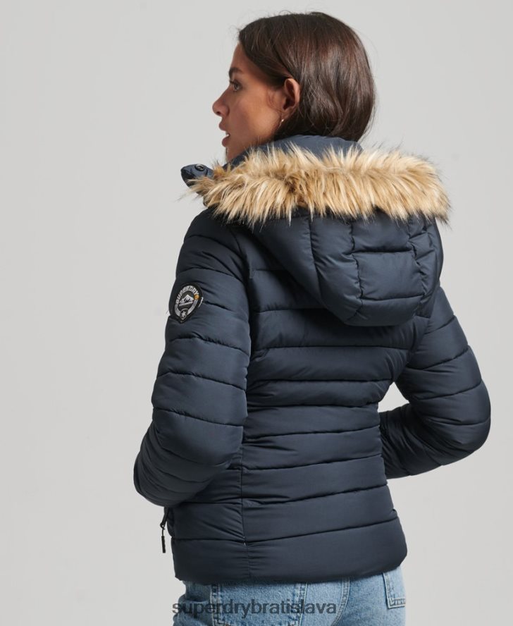 Superdry ženy krátka puffer bunda s kapucňou z umelej kožušiny 6B4ZTR3640 oblečenie námorníctvo