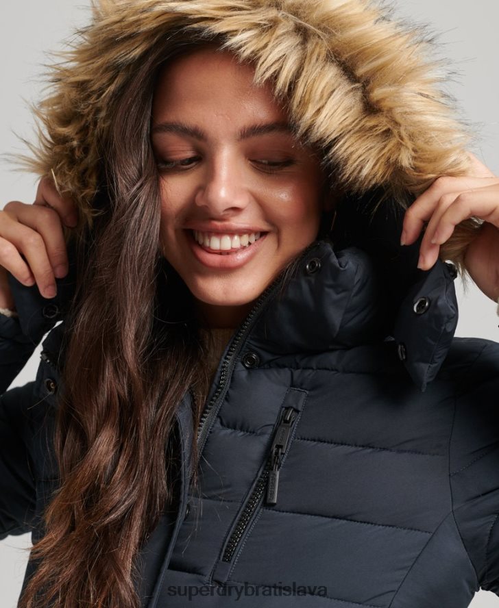 Superdry ženy krátka puffer bunda s kapucňou z umelej kožušiny 6B4ZTR3640 oblečenie námorníctvo